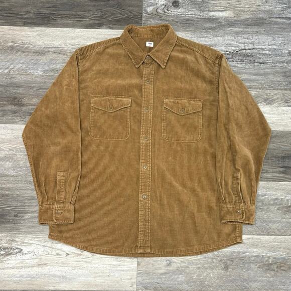 UNIQLO Tan Mens XL Button Up Long Sleeve Retro Granola Corduroy Shirt Shacket - Picture 1 of 9